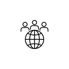 Three people standing above a globe isolated on white background symbolizes global teamwork and collaboration