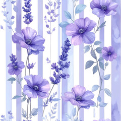 Floral Elegance: A delicate watercolor pattern of lavender sprigs and purple blooms. This artistic piece captures a seamless floral design for fabric printing.