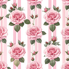 Rose Pattern: A romantic and delicate pattern featuring elegant pink roses with lush green leaves, arranged against a backdrop of gentle pink and white stripes.