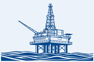 Flat vector illustration of offshore oil rig platform in the ocean waves