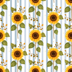 Sunflower's Delight: A vibrant and cheerful seamless pattern of sunflowers graces the scene, radiating warmth and joy on a backdrop of elegant striped. 
