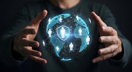 Digital Globe with Connected Human Icons in Futuristic Technology Style