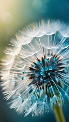 Obraz premium Detailed dandelion seeds with blue droplets