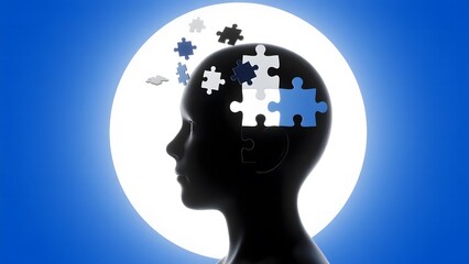 Silhouette of a human head with puzzle pieces fitting into the brain area, symbolizing problem-solving or cognitive processes.