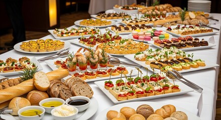 Fototapeta premium Elegant savory buffet featuring a variety of breads, dips, finger sandwiches, canapés, and appetizers — perfect for corporate events, receptions, and upscale gatherings.