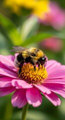 A close-up view of a fluffy bumblebee on a vibrant pink zinnia flower, showcasing intricate details of the insect's fuzzy body and the flower's delicate petals, bathed in soft, natural light.