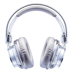 Sleek silver headphones, transparent casing, isolated