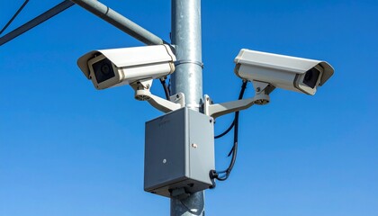 Two modern outdoor CCTV cameras mounted on a a metal pole for public safety surveillance against a clear blue sky