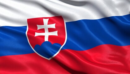 Fototapeta premium Waving Slovakia Flag with Red, White, Blue Stripes and National Coat of Arms