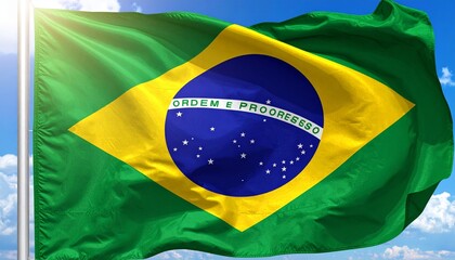 Fototapeta premium Waving Brazil Flag with Green, Yellow, and Blue Elements Against Sky