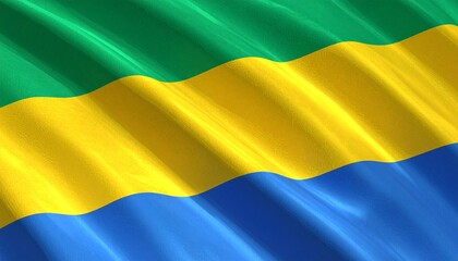 Waving Gabon Flag with Green, Yellow, and Blue Horizontal Stripes at Sunset