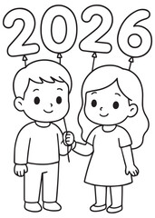 coloring book couple holding balloons shaped 2026 for new year