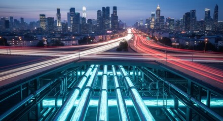 Obraz premium Gas pipelines under a city highway at night. Natural gas distribution network supporting urban energy infrastructure development.