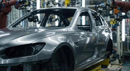 Obraz premium Detailed car body surface reflecting bright industrial lights.