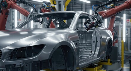 Fototapeta premium Shiny car edges illuminated as robotic tools move into place.