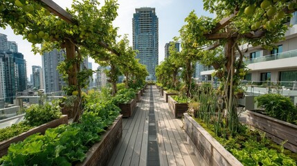 Fototapeta premium Contemporary Urban Rooftop Orchard with Neatly Arranged Fruit Trees and Vegetables Promoting Sustainable Urban Agriculture