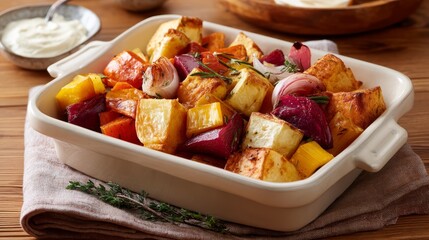 Colorful roasted root vegetable medley served in a rustic ceramic dish with fresh thyme sprigs on a wooden table, capturing a hearty, natural, and inviting culinary presentation