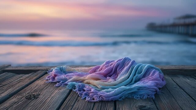 Post-Vacation Emotions: A Soft Pastel Scarf Rested on a Pier, Recalling Blissful Beach Vacation Serenity