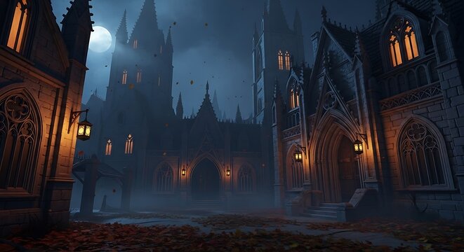 A nighttime scene of a Gothic-style cathedral complex bathed in moonlight and warm light from lanterns.