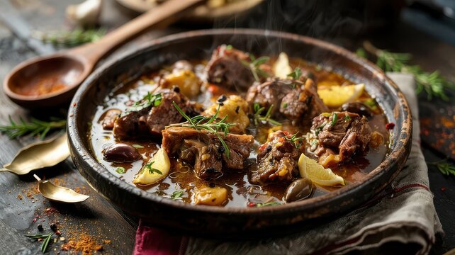 Black garlic lamb stew with tender meat chunks in rich sauce with preserved lemons and herbs, served in traditional clay tagine vessel on rustic wooden surface