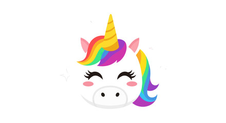 Cute cartoon unicorn head with vibrant rainbow mane and golden horn. © Ilma