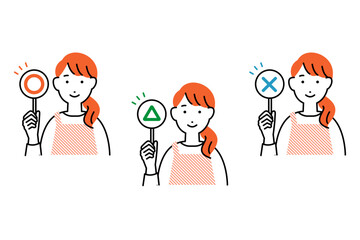 丸とバツと三角の札を持ったエプロンを着た女性のイラスト