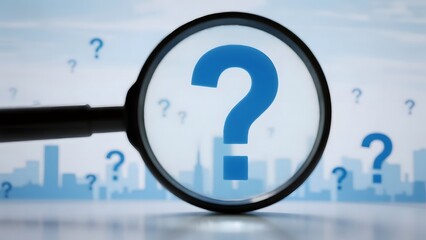 Magnifying glass focusing on a blue question mark against a cityscape background with scattered question marks.