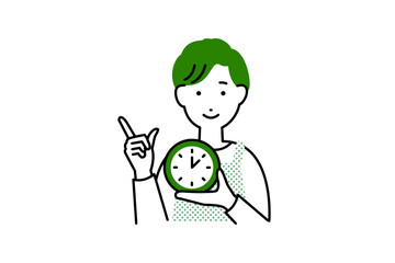 時計を持った料理をするエプロンを着た男性主夫の人物イラスト