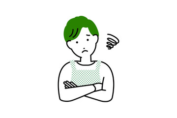 悩んでいる料理をするエプロンを着た男性主夫の人物イラスト