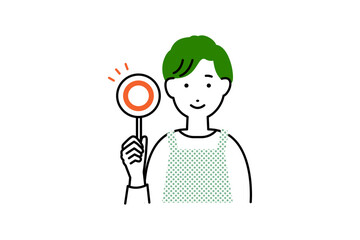 正解の札を持った料理をするエプロンを着た男性主夫の人物イラスト