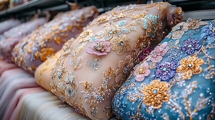Exquisite Fabrics Ornate Floral Embroidery on Display with Texture  Design.