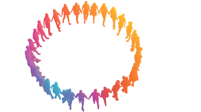 People silhouettes forming a circle, unity and diversity concept, bright gradient background, clean style