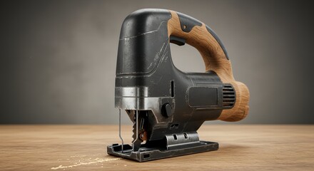 Black and Wood Finish Cordless Jigsaw Tool on Wooden Surface in Workshop Setting