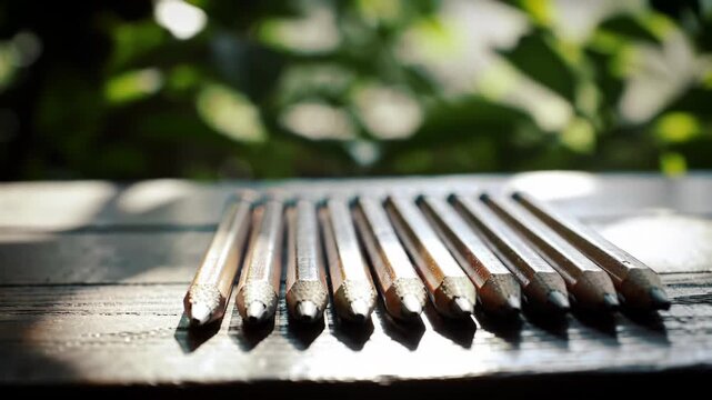 Group of graphite drawing pencils on a wood surface outdoors