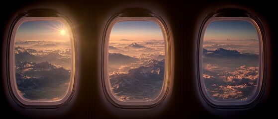 Fototapeta premium Airplane window view of sunrise scene aircraft interior passenger perspective sky through window atmospheric cabin