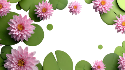Pink Water Lilies on Green Pads with Transparent Background