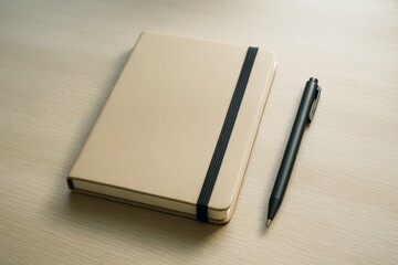 Minimalist beige notebook with black elastic band and black pen on light wooden desk background, ideal for branding or design mockup presentations.