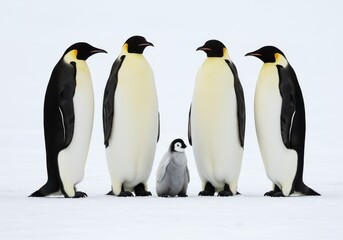 Adorable emperor penguin family portrait with adults and chick standing together