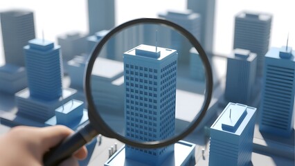 Hand holding a magnifying glass over a detailed model of a cityscape, focusing on a specific building.
