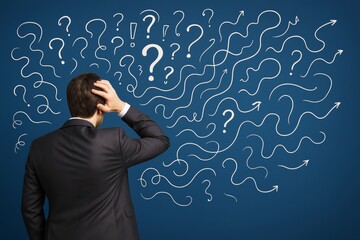 Businessman scratching head looking at abstract question marks and arrows on dark blue background symbolizing confusion and decision making.