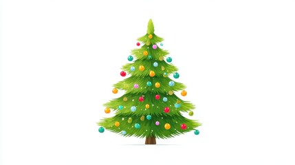 Obraz premium A Christmas tree, festive element, flat vector design, bright green with colorful baubles, isolated on white background. 