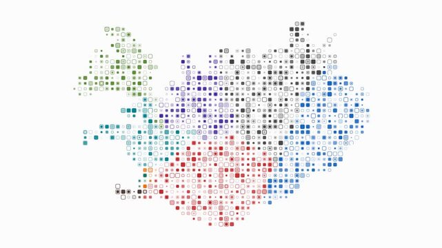 Iceland map animation. Shape of the country with pulsating colored dots. Small size rounded square blocks. Digital style Iceland map on white background. Simple video.