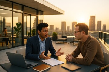 Professional business discussion on rooftop terrace during sunset with city skyline background and natural light ambiance captured creatively. Ai generative