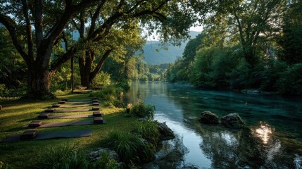 Invigorating Outdoor Yoga and Meditation Retreat by Clear Natural Spring Inspiring Mindfulness and Holistic Wellness in Nature