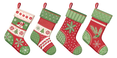 Christmas stockings PNG set &ndash;  festive red and green socks with patterns, isolated PNG
