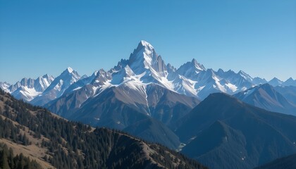 Majestic Mountain Range Under Clear Blue Sky"