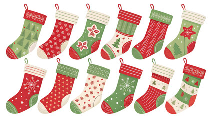 Christmas stockings PNG set &ndash;  festive red and green socks with patterns, isolated PNG