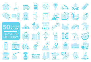 50 set of holiday and travel duo tone icon