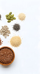 Variety of Different Seeds Spread on White Surface