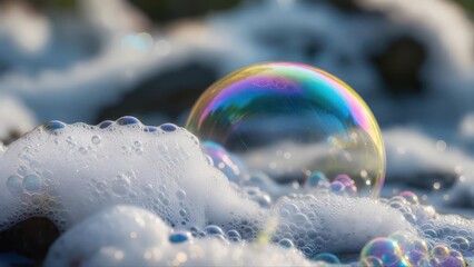 Iridescent soap bubble resting on white foam